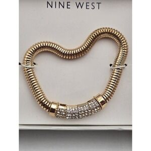 Nine West Gold‎ Tone Stretch Bracelet Crystal Accents Hinged Clasp Boxed